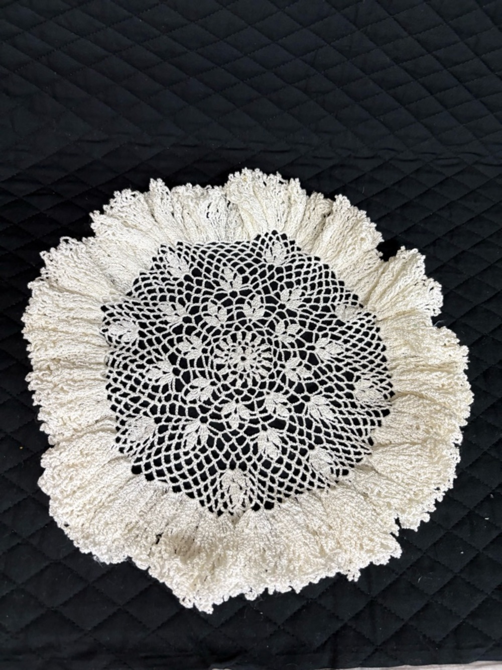 Vintage Knitted Crochet Doily Table White Floral ruffled Edge Cottage Core
